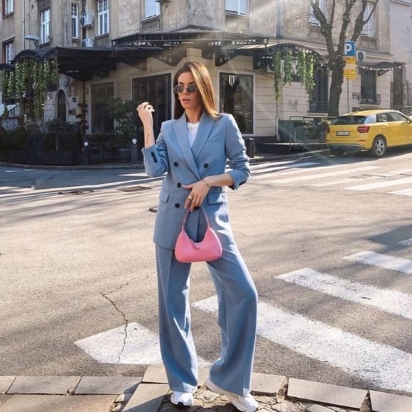 ZARA Wide Leg Pants Sky Blue - Picture 3 of 10